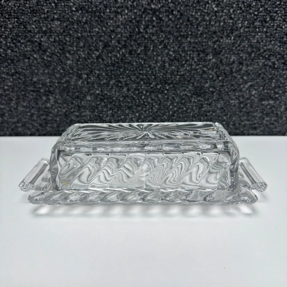 Vintage Clear Pressed Glass Butter Dish Sunburst Swirl Pattern Handled Tray Lid